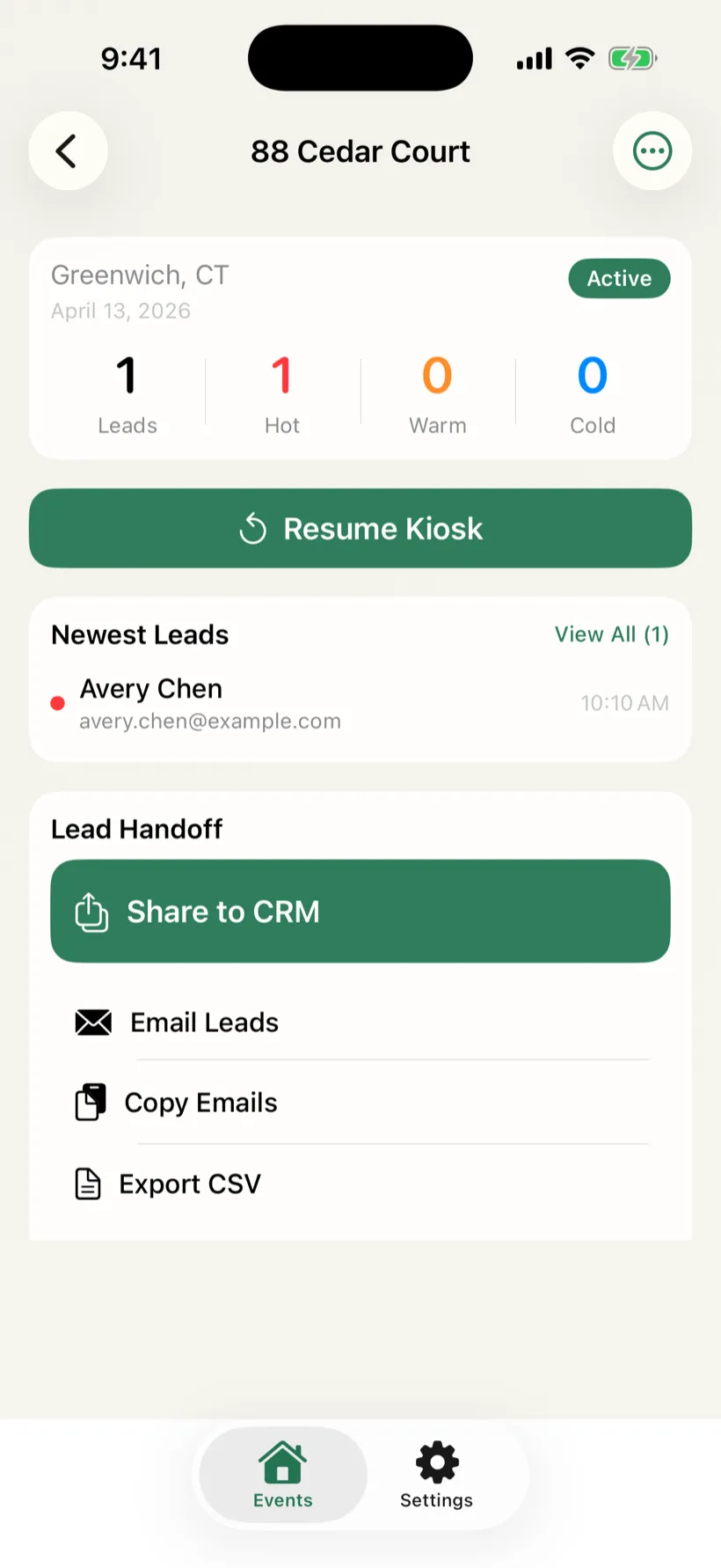 OpenHouse iPhone dashboard with live lead handoff options
